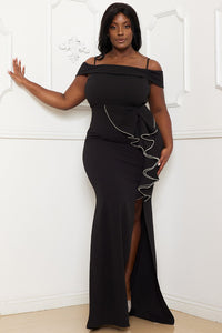 Symphony Dress - Rhinestone Trim Open Shoulder Maxi Dress | Zezebe