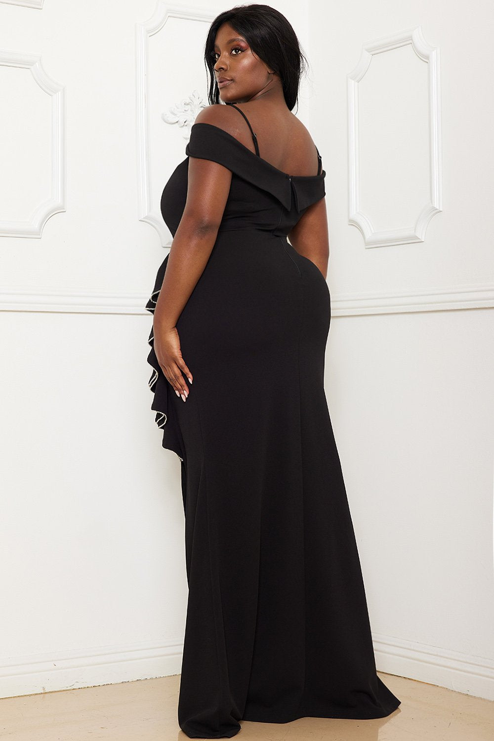 Symphony Dress - Rhinestone Trim Open Shoulder Maxi Dress | Zezebe
