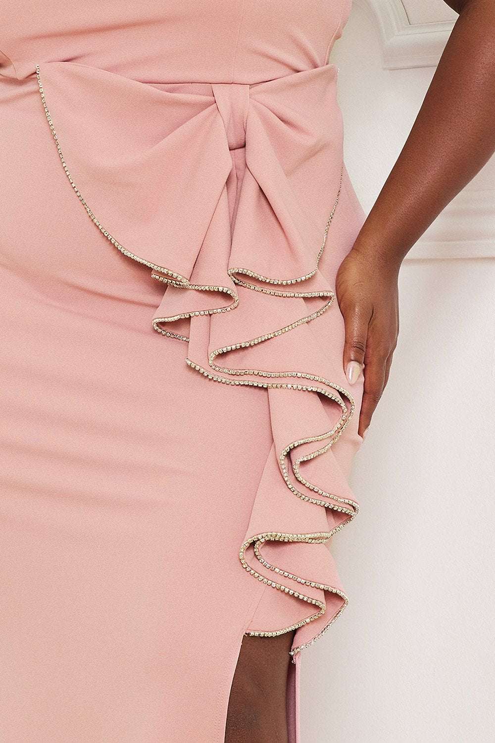 Symphony Dress - Rhinestone Trim Open Shoulder Maxi Dress | Zezebe