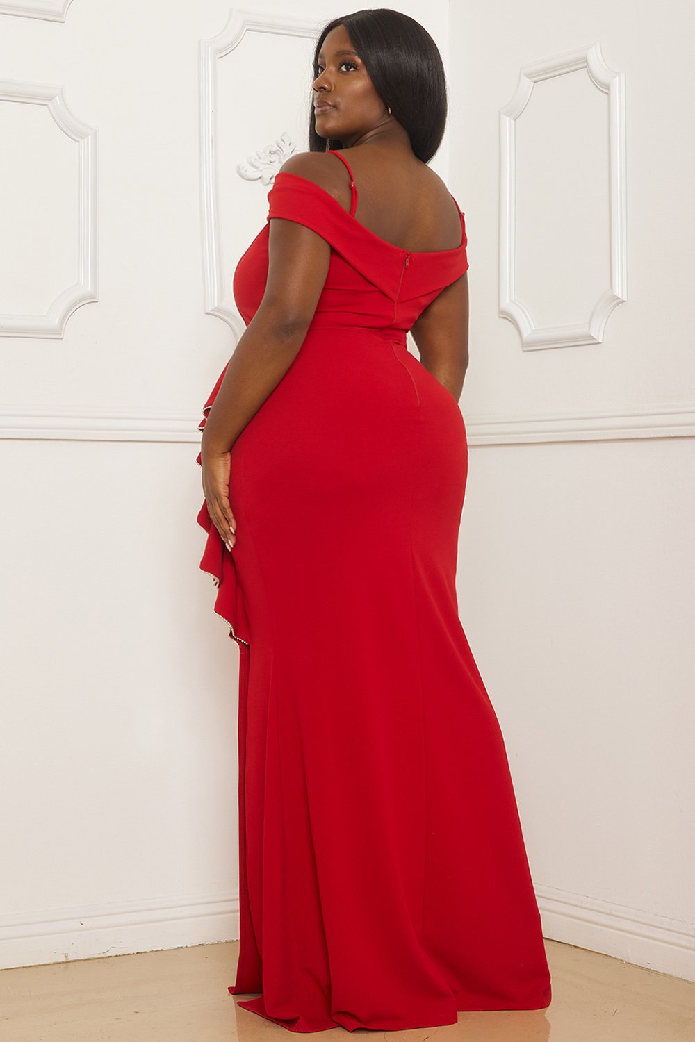 Symphony Dress - Rhinestone Trim Open Shoulder Maxi Dress | Zezebe