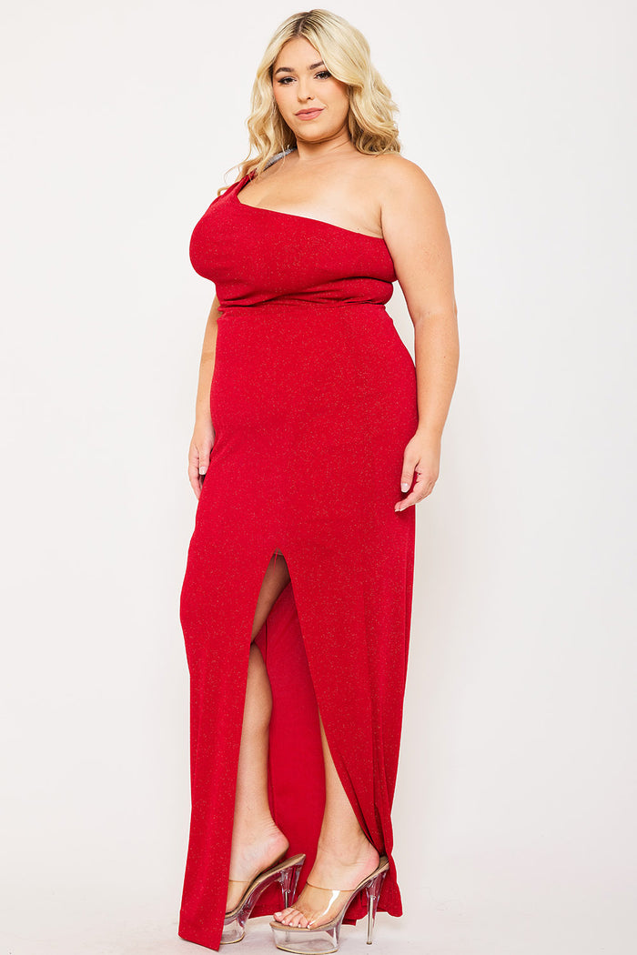 Glitter One Shoulder Plus Size Maxi Dress