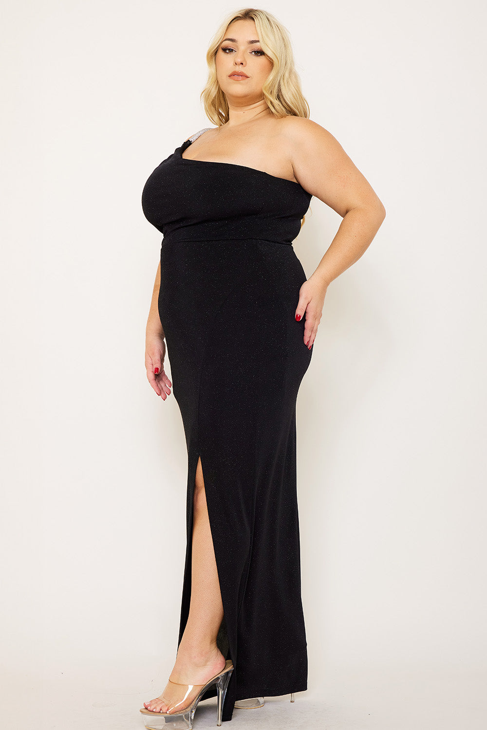 Symphony Dress - Glitter One Shoulder Plus Size Maxi Dress | Zezebe