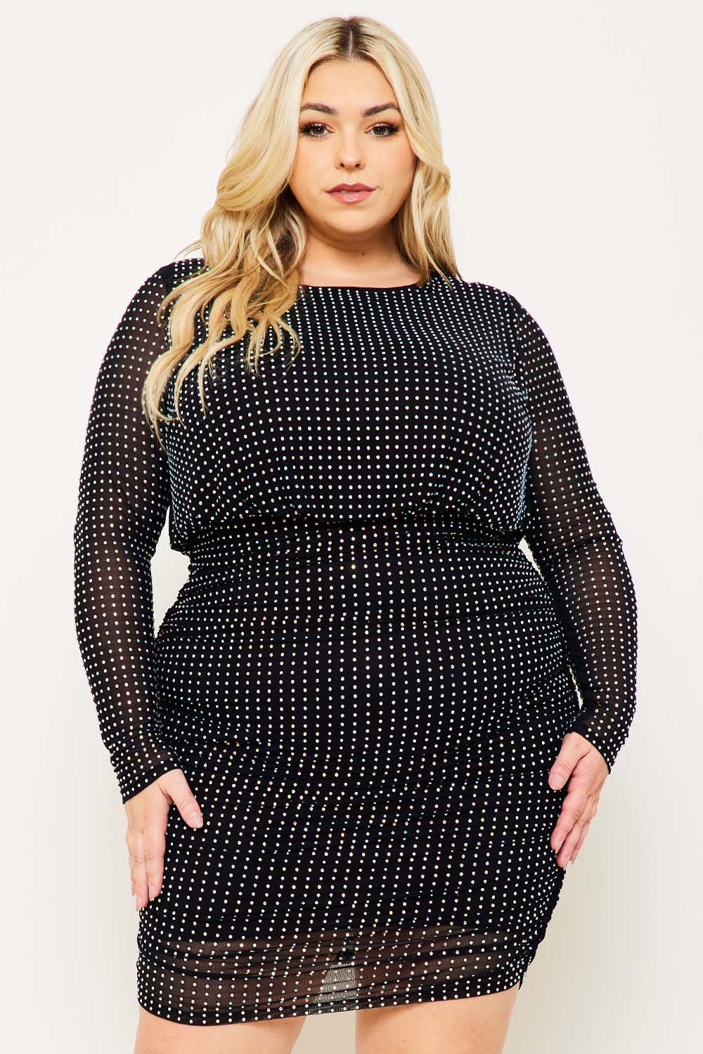 Symphony Dress - Rhinestone Round Neck Plus Size Night Out Mini Dress | Zezebe