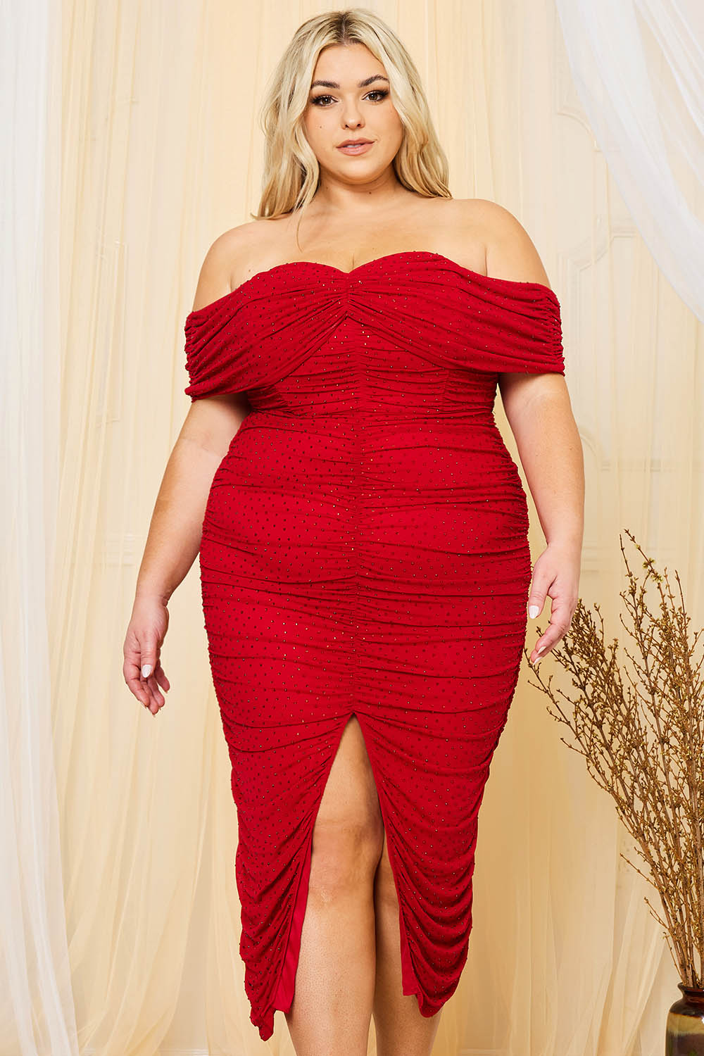 Symphony Dress - Shirring Side Off The Shoulder Plus Size Night Out Midi Dress | Zezebe