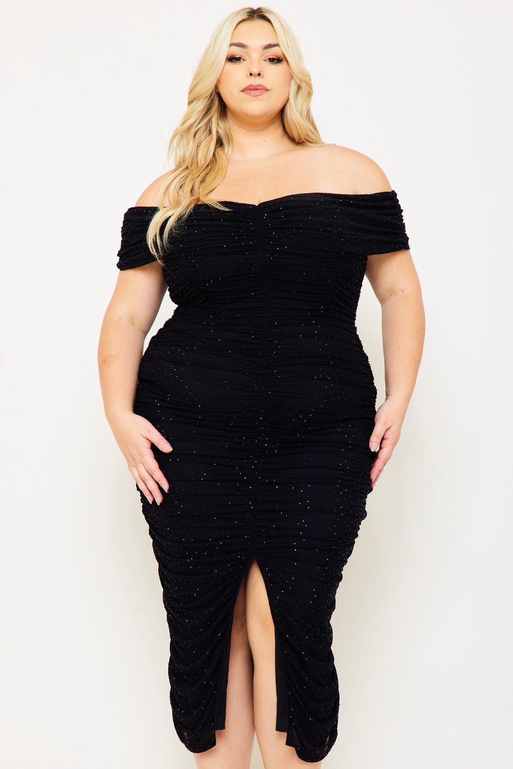 Symphony Dress - Shirring Side Off The Shoulder Plus Size Night Out Midi Dress | Zezebe