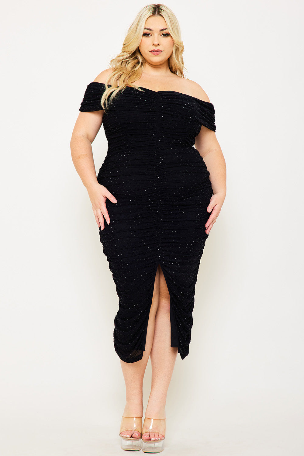 Symphony Dress - Shirring Side Off The Shoulder Plus Size Night Out Midi Dress | Zezebe