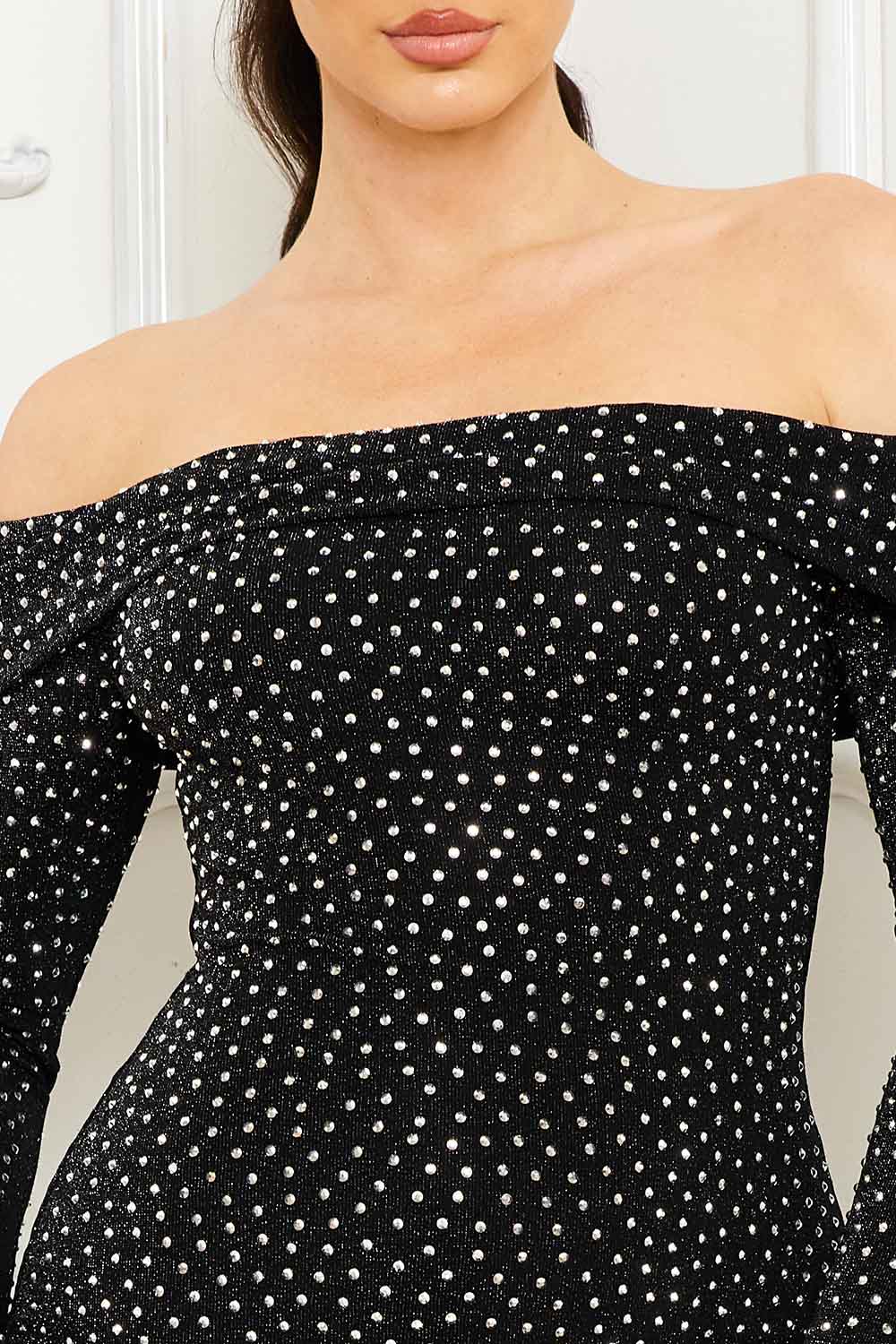 Rhinestone Off The Shoulder Midi Dress