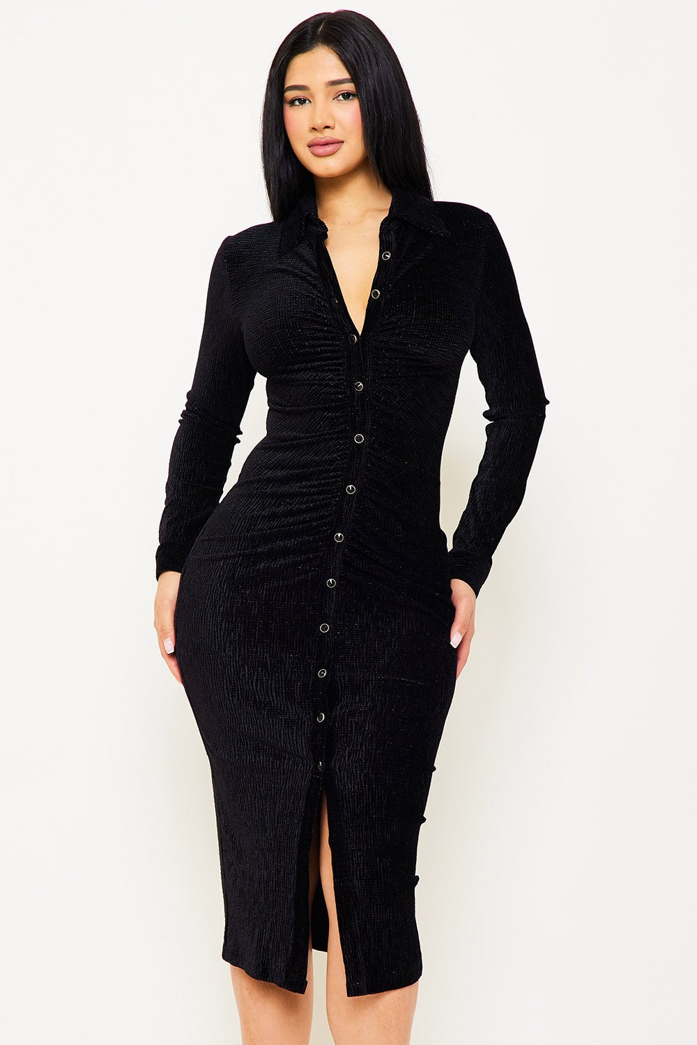 Symphony Dress - Textured Fabric Button Up Front Midi Shirt Dress | Zezebe Black / S