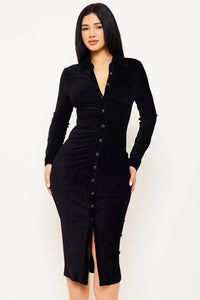 Textured Fabric Button Up Front Midi Shirt Dress
