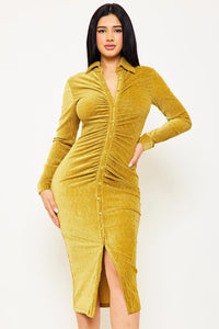 Textured Fabric Button Up Front Midi Shirt Dress