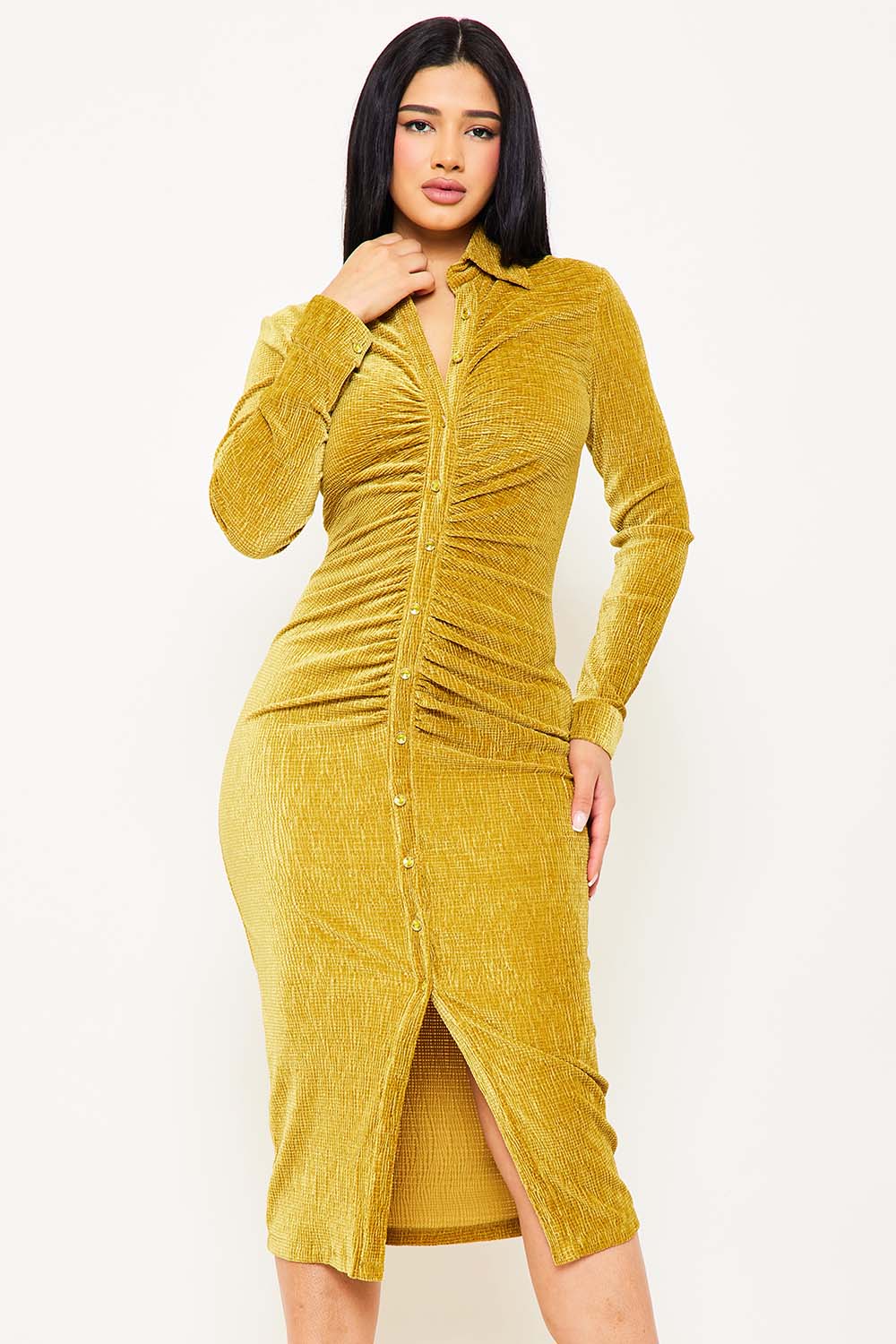 Textured Fabric Button Up Front Midi Shirt Dress