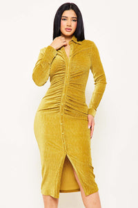 Textured Fabric Button Up Front Midi Shirt Dress