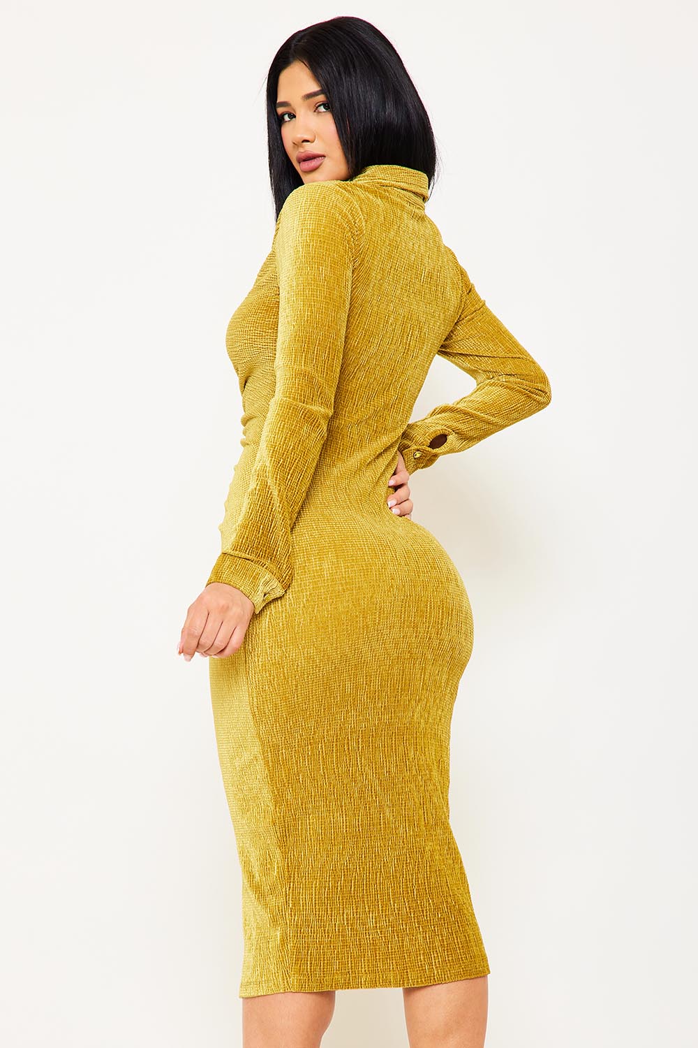 Textured Fabric Button Up Front Midi Shirt Dress