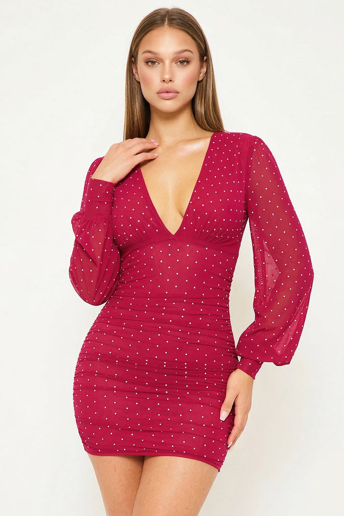 Rhinestone On Mesh Mini Dress