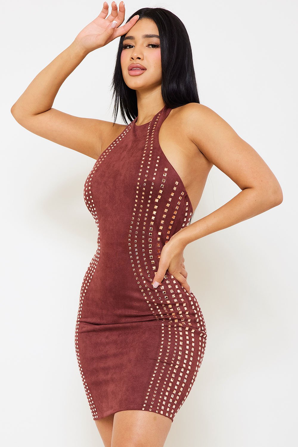 Multi Rhinestone Strap Suade Mini Dress