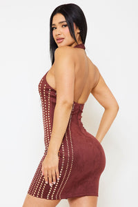 Multi Rhinestone Strap Suade Mini Dress