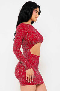 Rhinestone Cutout Waist Mini Dress