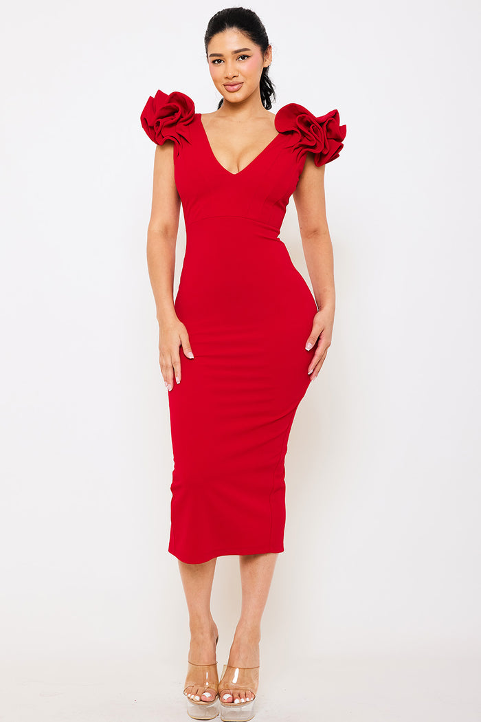 Ruffle Detail Shoulder Midi Dress