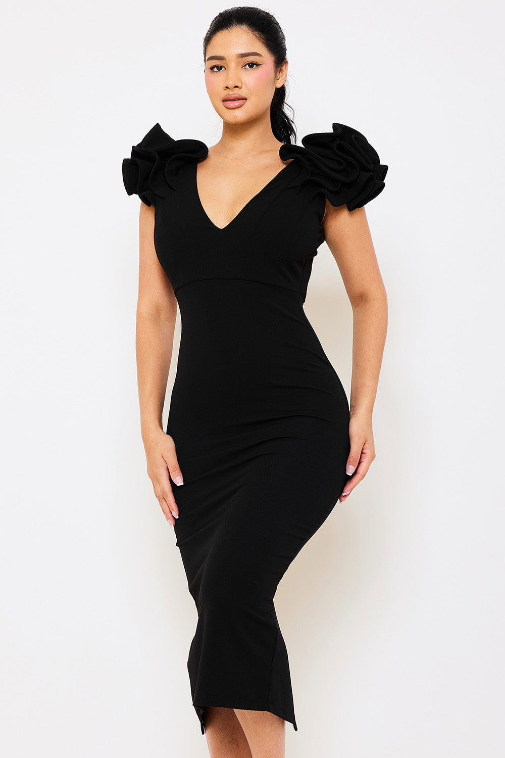 Ruffle Detail Shoulder Midi Dress