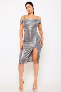 Shimmer Satin Off The Shoulder Midi Dress