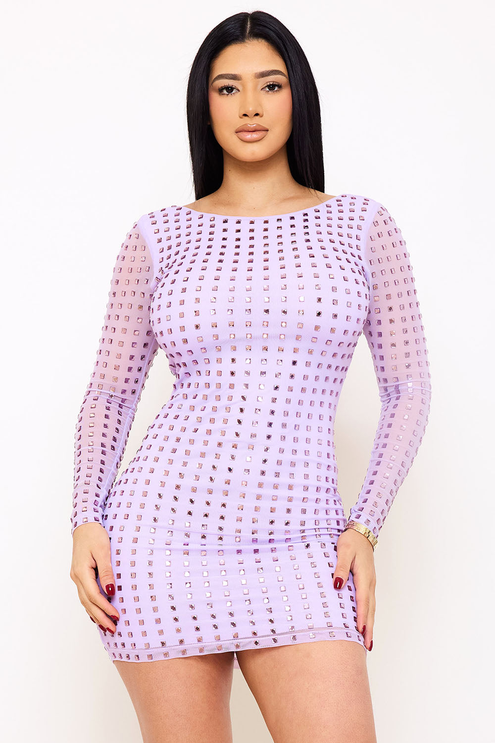 Symphony Dress - Square Rhinestone Long Sleeve Mini Dress | Zezebe