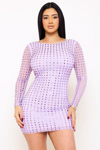 Symphony Dress - Square Rhinestone Long Sleeve Mini Dress | Zezebe