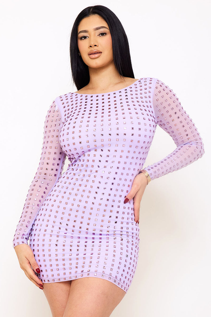 Square Rhinestone Long Sleeve Mini Dress