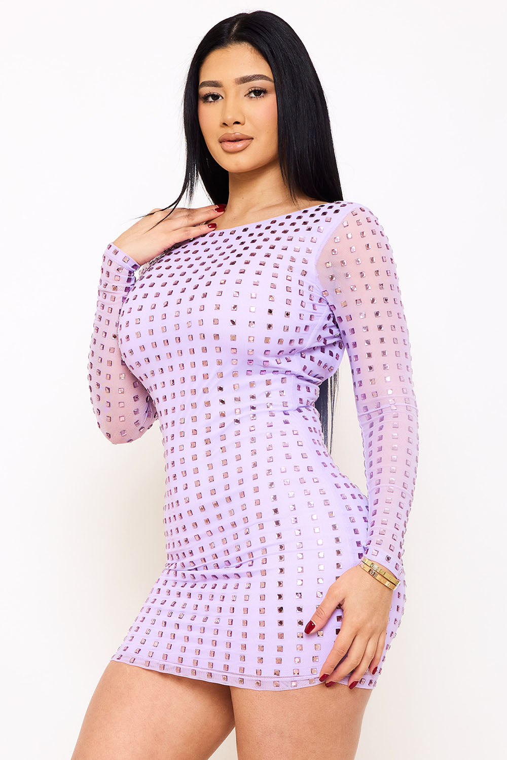 Symphony Dress - Square Rhinestone Long Sleeve Mini Dress | Zezebe