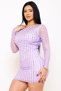 Symphony Dress - Square Rhinestone Long Sleeve Mini Dress | Zezebe