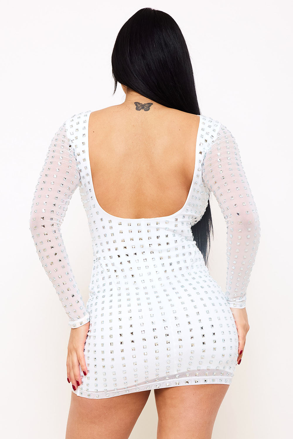 Symphony Dress - Square Rhinestone Long Sleeve Mini Dress | Zezebe