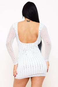 Symphony Dress - Square Rhinestone Long Sleeve Mini Dress | Zezebe
