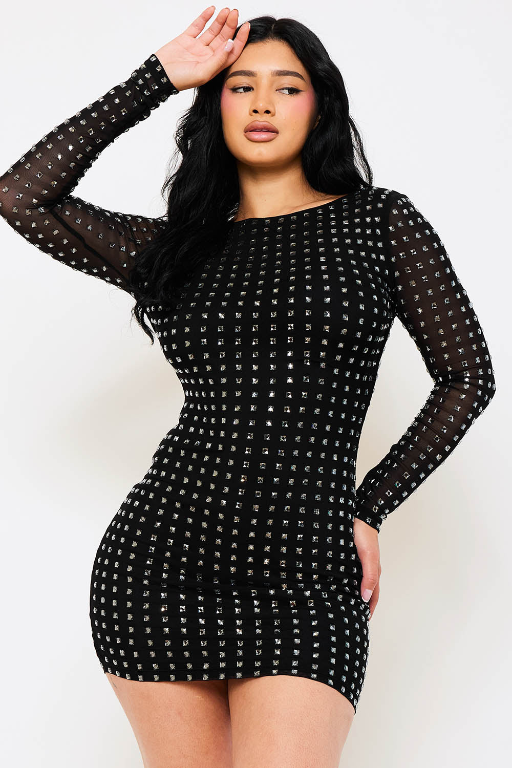 Symphony Dress - Square Rhinestone Long Sleeve Mini Dress | Zezebe