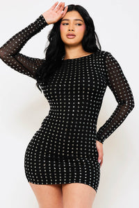 Symphony Dress - Square Rhinestone Long Sleeve Mini Dress | Zezebe