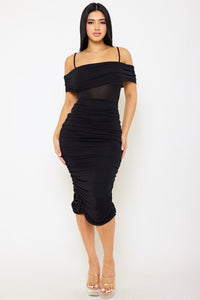 Symphony Dress - Glitter Open Shoulder Midi Dress | Zezebe