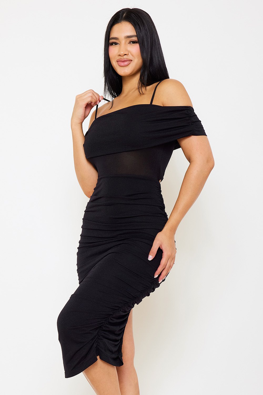 Symphony Dress - Glitter Open Shoulder Midi Dress | Zezebe