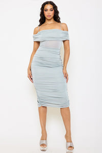 Symphony Dress - Glitter Open Shoulder Midi Dress | Zezebe