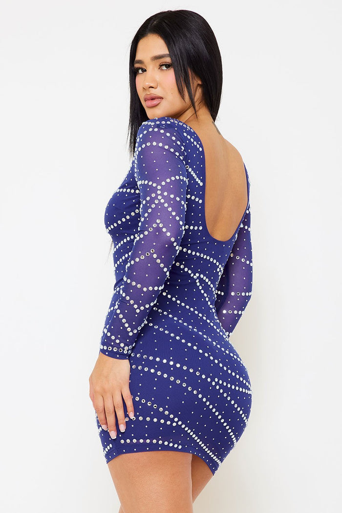 Small And Large Rhinestone Patterned Mesh Mini Dress