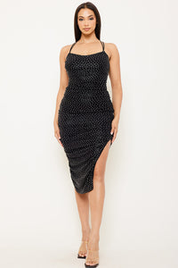 Foil With Rhinestone Shirring Midi Dress