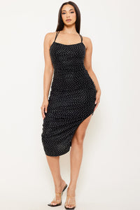Foil With Rhinestone Shirring Midi Dress