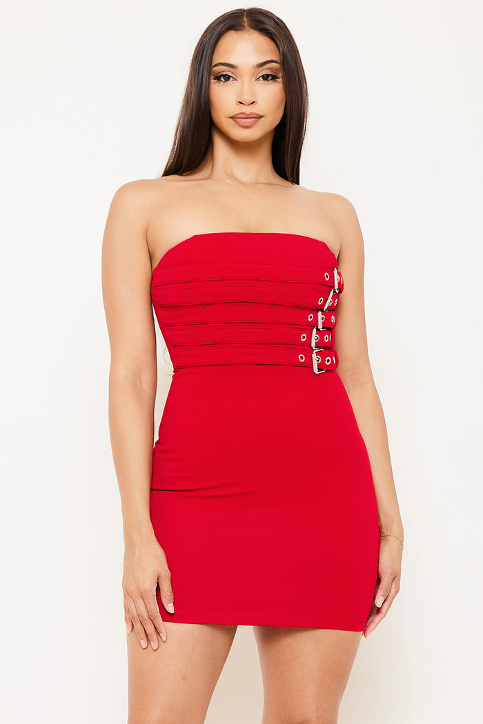 Symphony Dress - Belt Buckle On Tube Top Mini Dress | Zezebe