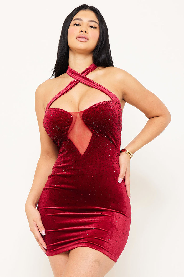 Symphony Dress - Rhinestone On Velvet Criss-Cross Halter Neck Mini Dress | Zezebe