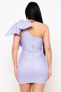 Shiny Knit Glitter Bow Shoulder Mini Dress