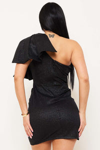 Shiny Knit Glitter Bow Shoulder Mini Dress