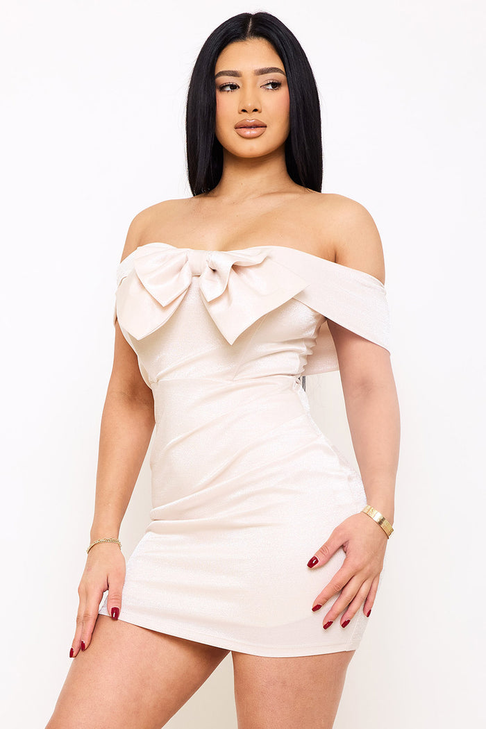 Symphony Dress - Bow Front Metallic Fabric Mini Dress | Zezebe