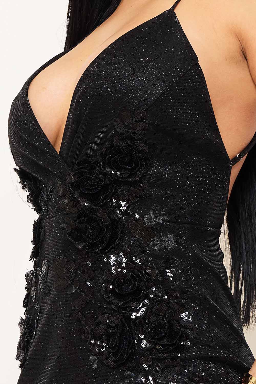 Flower Embellished Shiny Knit Wrap Mini Dress