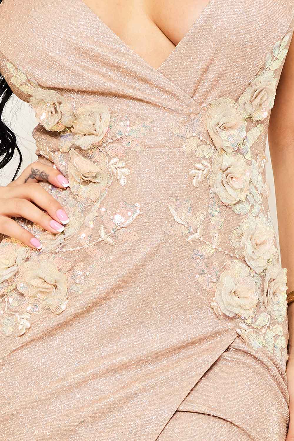 Flower Embellished Shiny Knit Wrap Mini Dress