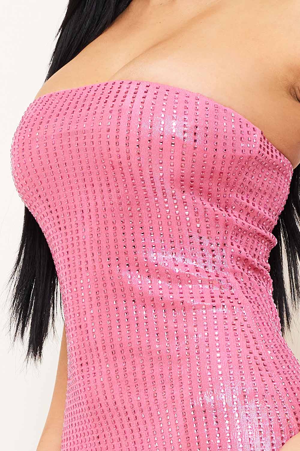 Square Rhinestone On Slinky Foil Mini Dress