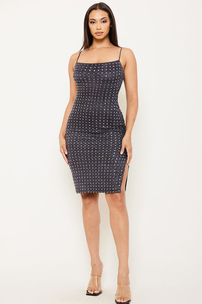 Symphony Dress - Square Rhinestone On Shiny Mini Dress | Zezebe