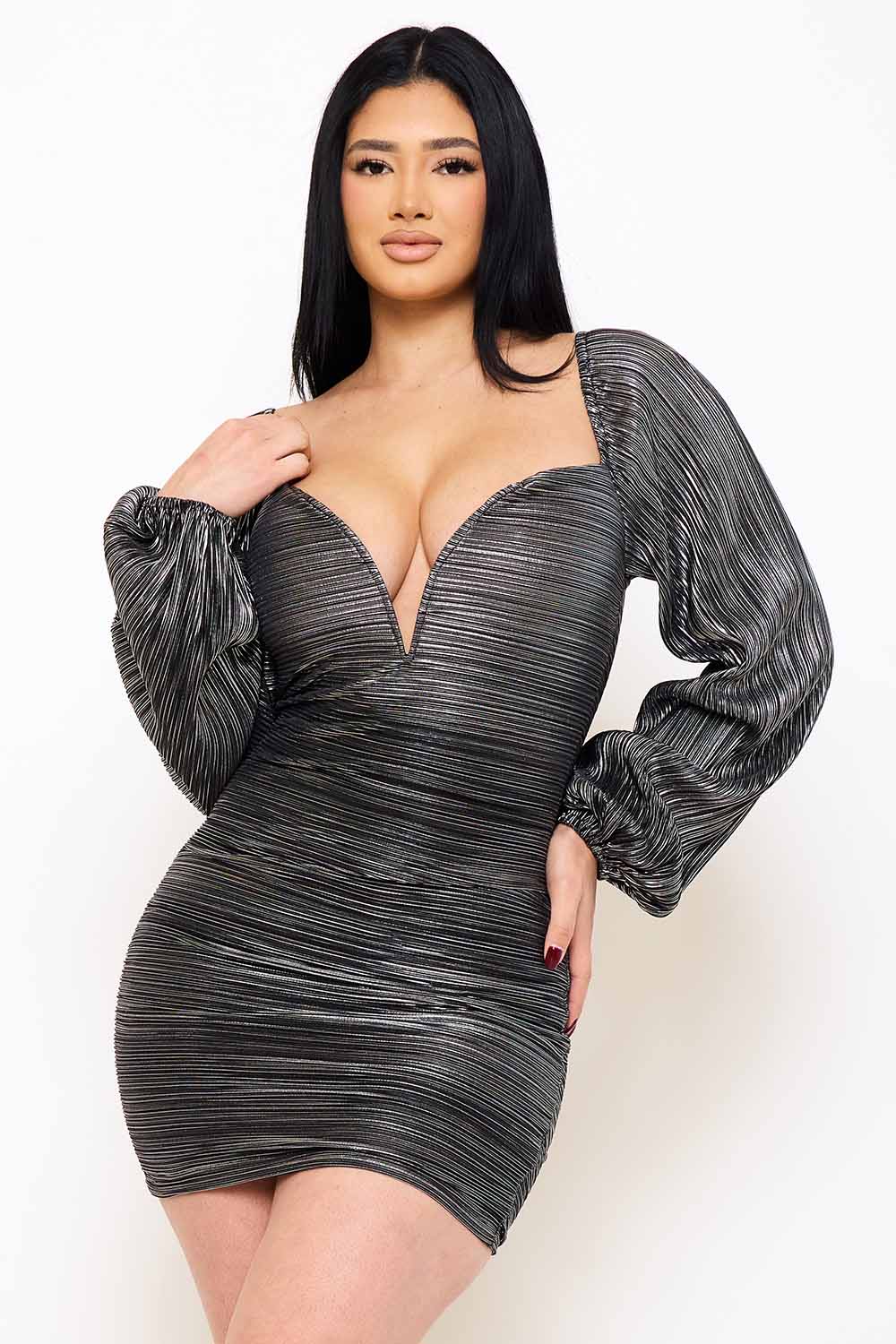 Symphony Dress - Bodre Foil Plunging Neck Mini Dress | Zezebe