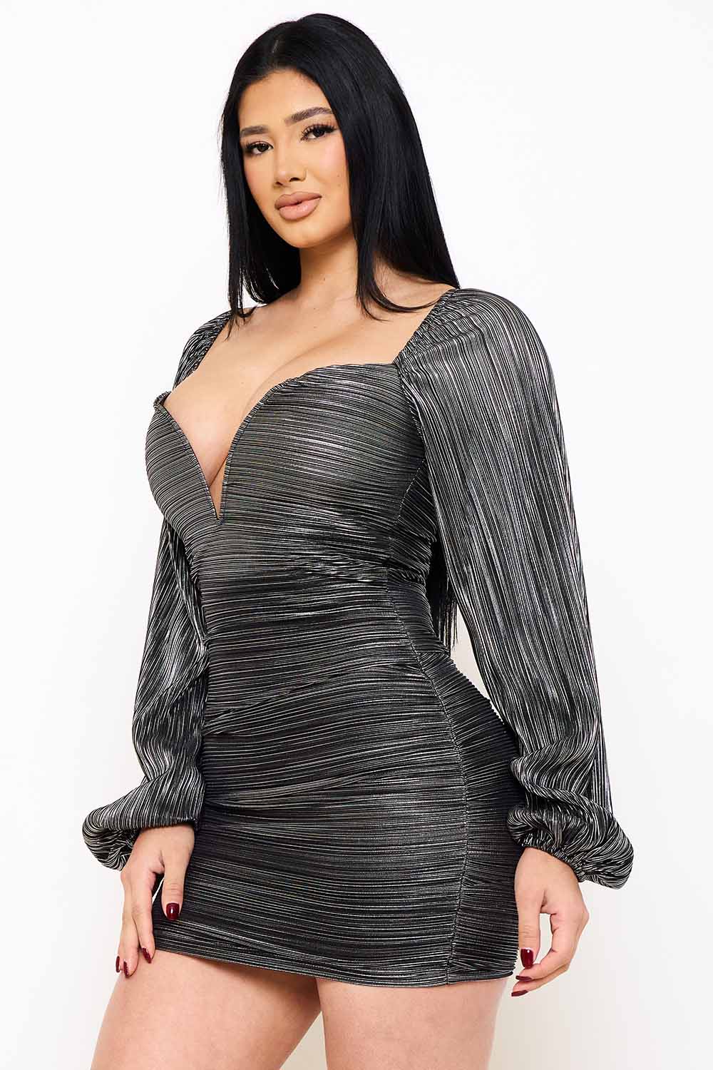 Symphony Dress - Bodre Foil Plunging Neck Mini Dress | Zezebe